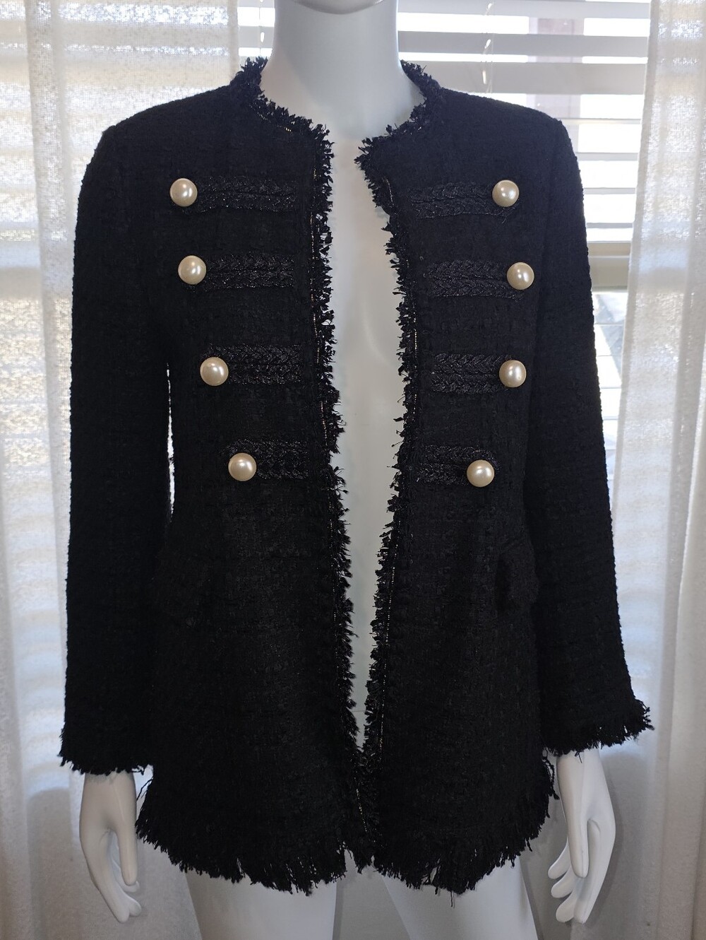 Zara Black Tweed Pearl-Button Blazer